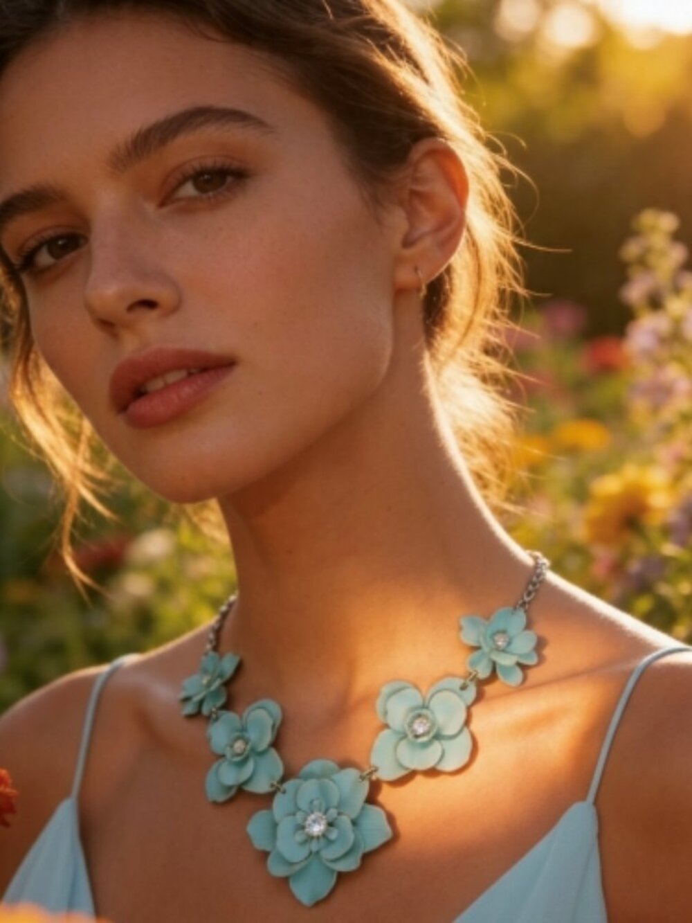 Flower Necklace Soft Metal, Powder Painted Mint Green